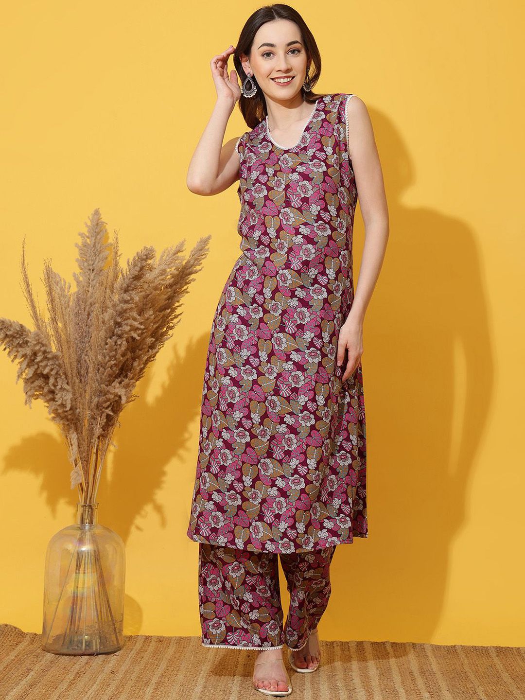 Milastru Women Floral Printed Round Neck Pure Cotton Straight Kurta With Palazzos-image-11