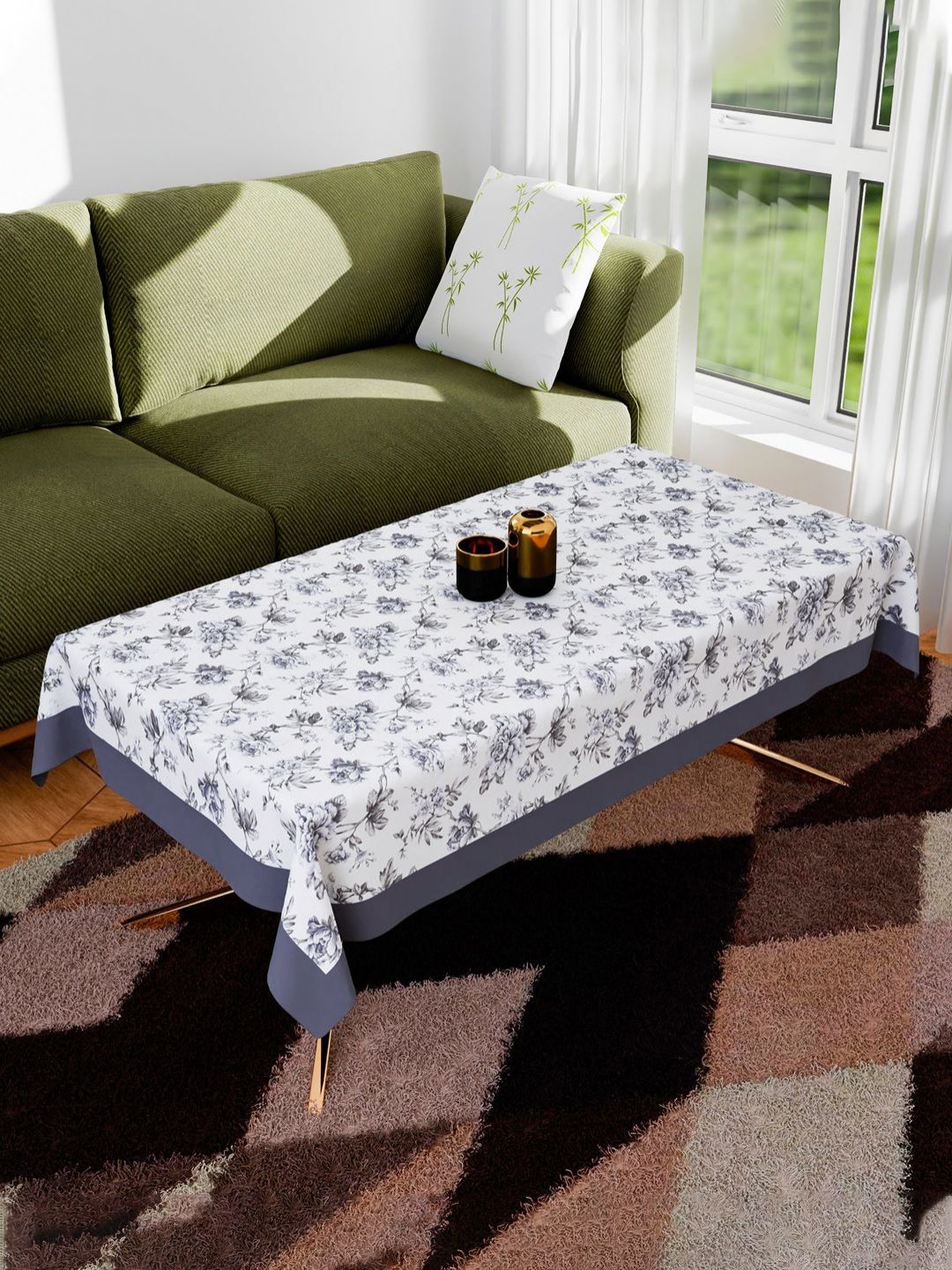 Myntra Elegant Homes White & Blue Floral Printed 4-Seater Cotton Centre Table Cover-picture-27