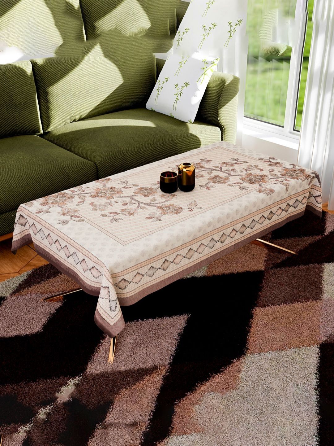 Myntra Elegant Homes Brown Floral Embroidered4-Seater Cotton Centre Table Cover-image-3