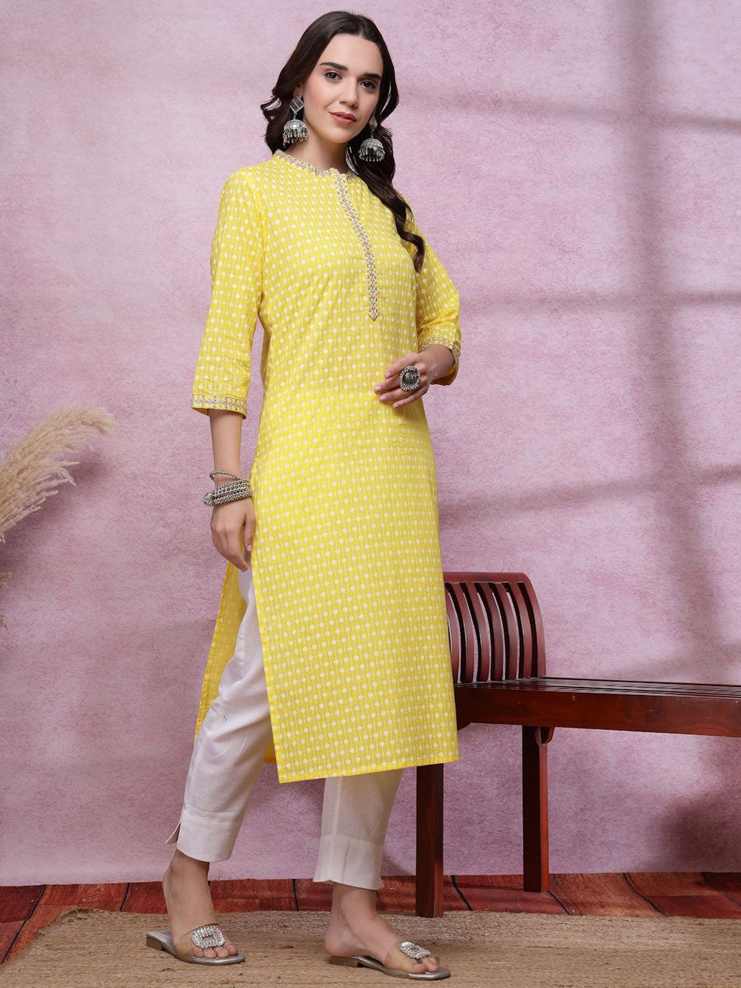 Sangria Floral Printed Mandarin Collar Thread Work Pure Cotton Straight Kurta-picture-23