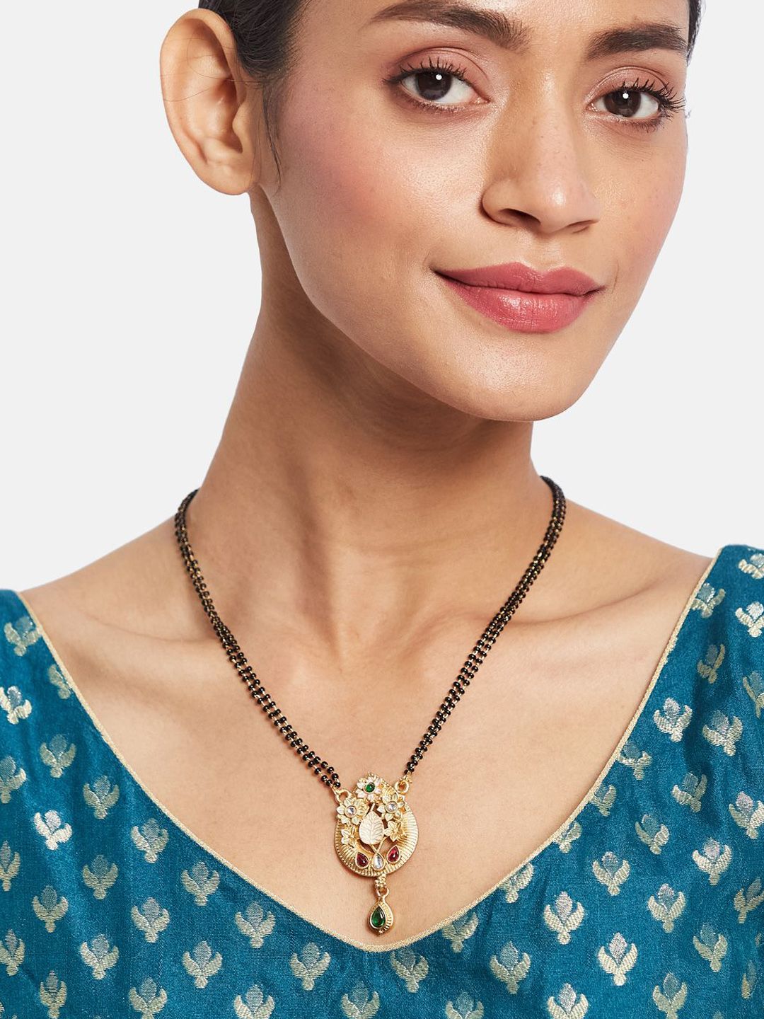 ATIBELLE Set of 2 Gold-Plated Cubic Zirconia Stone Studded & Beaded Mangalsutras