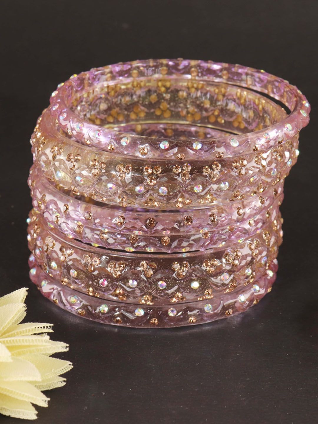 LAVAZZA Set Of 6 Zircon Diamond & Beads Work Glass Bangles-picture-31