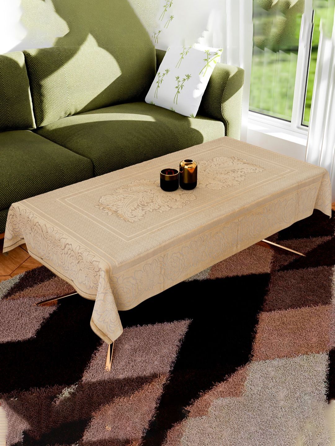 Myntra Elegant Homes Gold-Toned Floral Self Design 4-Seater Cotton Centre Table Cover-picture-29