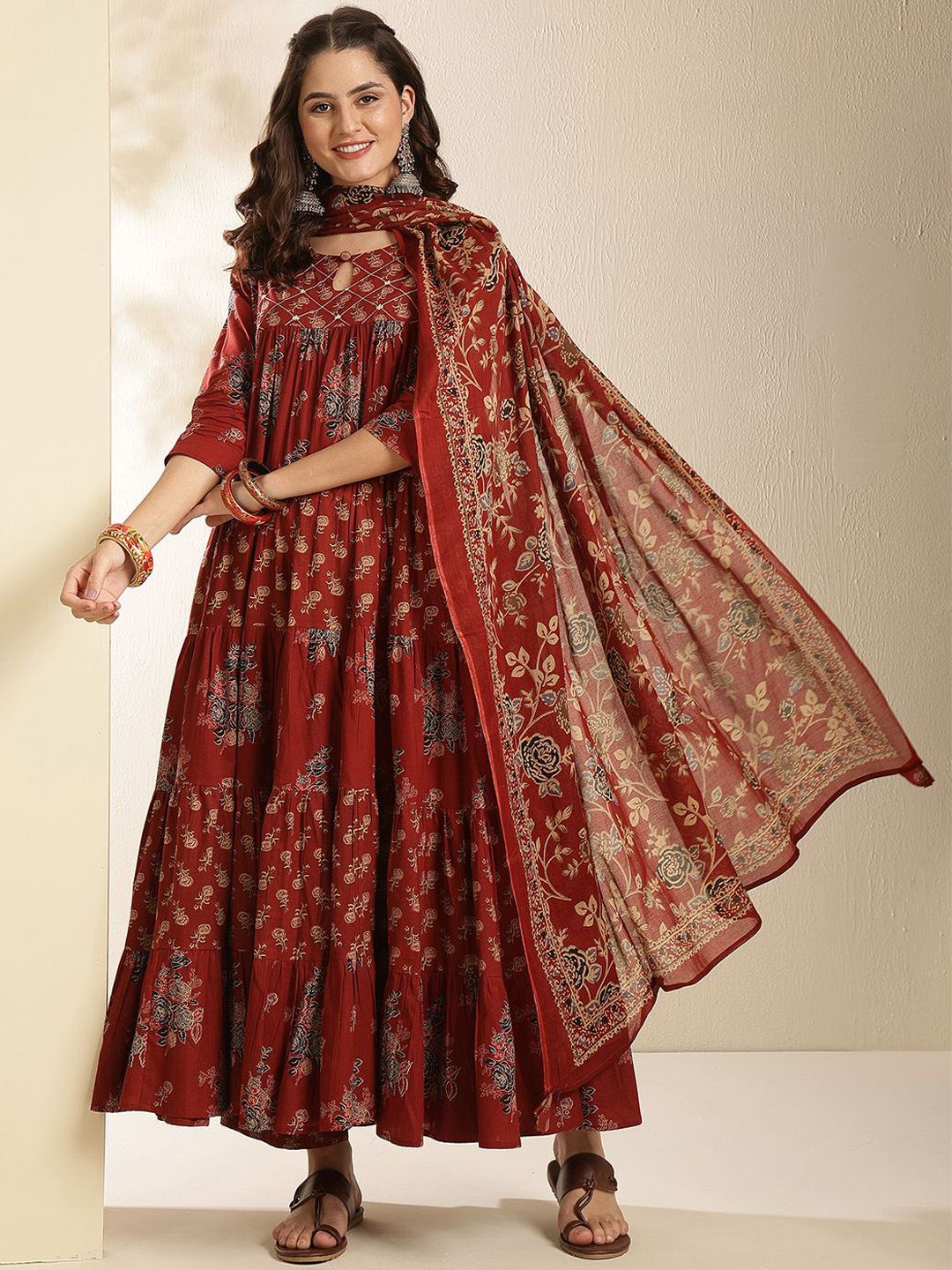 KIMAYRA Women Floral Printed Cotton Anarkali Pleated Kurta with Trousers & Dupatta
