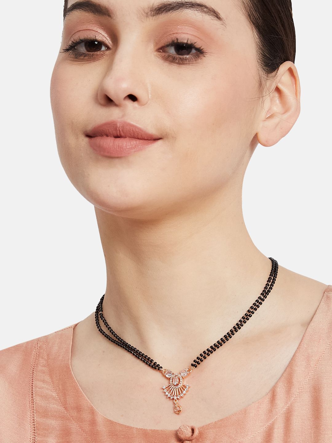 ATIBELLE Set of 2 Rose Gold-Plated Cubic Zirconia Studded & Beaded Mangalsutras