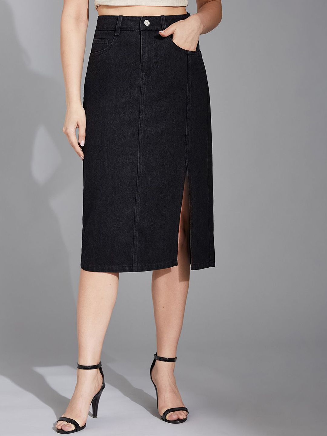Life With Pockets High-Rise Straight-Fit Stretchable Denim Midi Skirt-picture-13