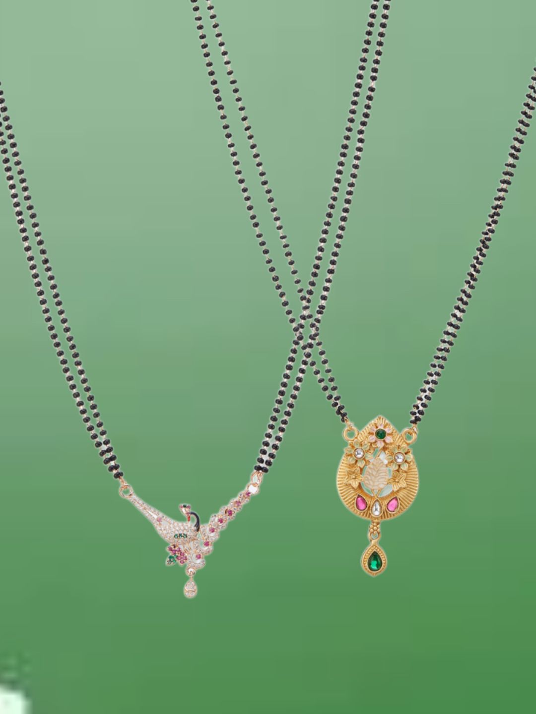 ATIBELLE Set Of 2 Rose Gold-Plated Cubic Zirconia Studded Mangalsutras