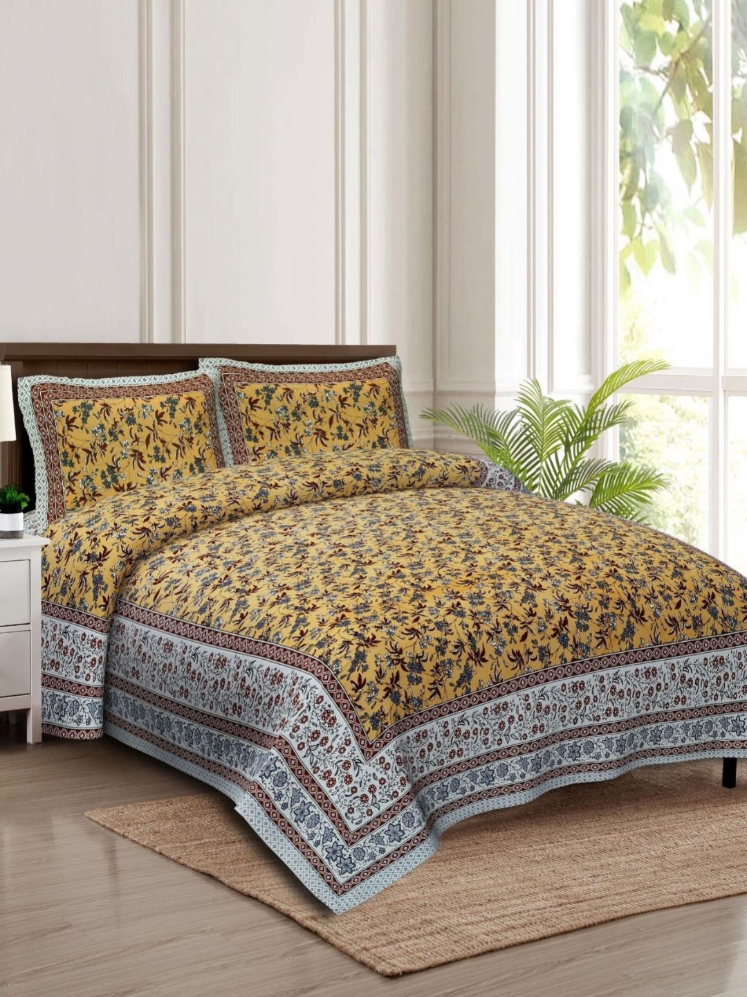 Rudra Bazaar Yellow & Grey Ethnic Motifs 210 TC Cotton King Bedsheet Set 2.75 m x 2.30 m-picture-28