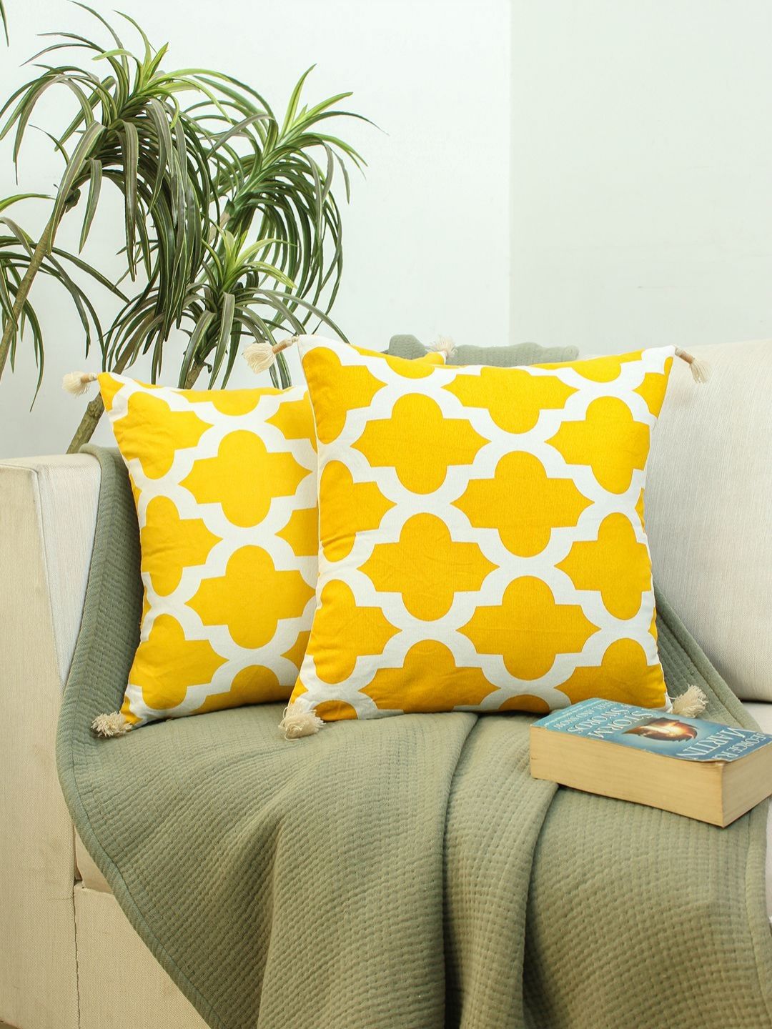 HOMPRIN Yellow 2 Pieces Ethnic Motifs Printed Square Cotton Cushion Covers-picture-26