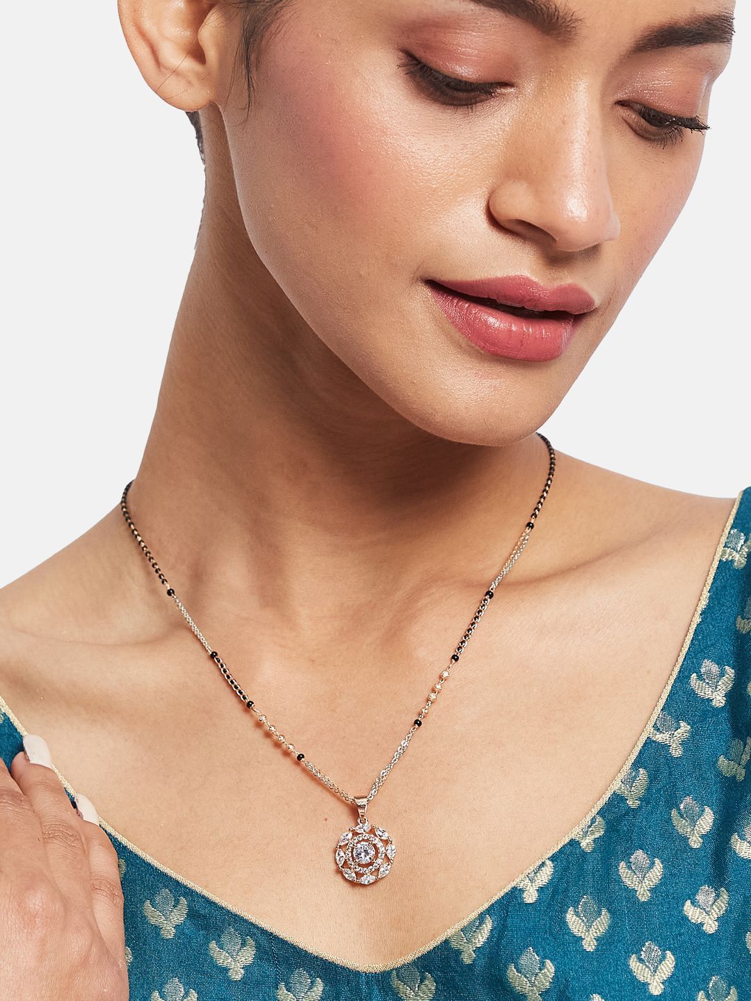 ATIBELLE Set of 2 Rose Gold-Plated Cubic Zirconia Studded & Beaded Mangalsutras