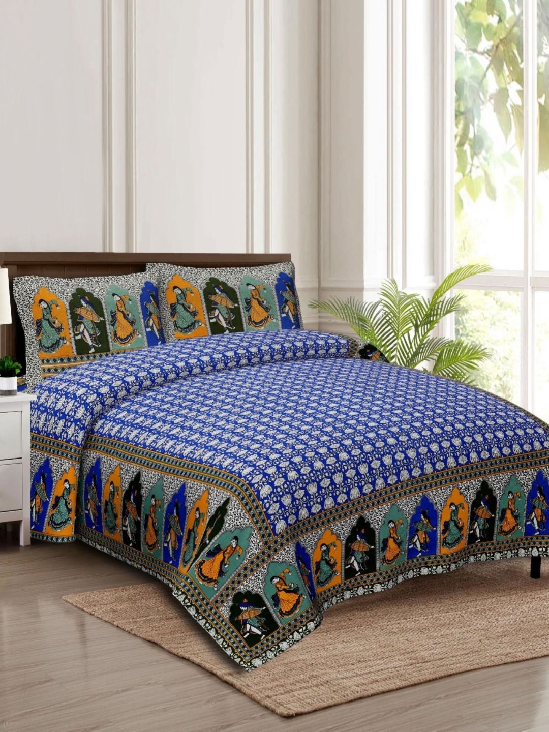 Rudra Bazaar Blue & Green Ethnic Motifs 210 TC Cotton King Bedsheet Set 2.75 m x 2.30 m-picture-30
