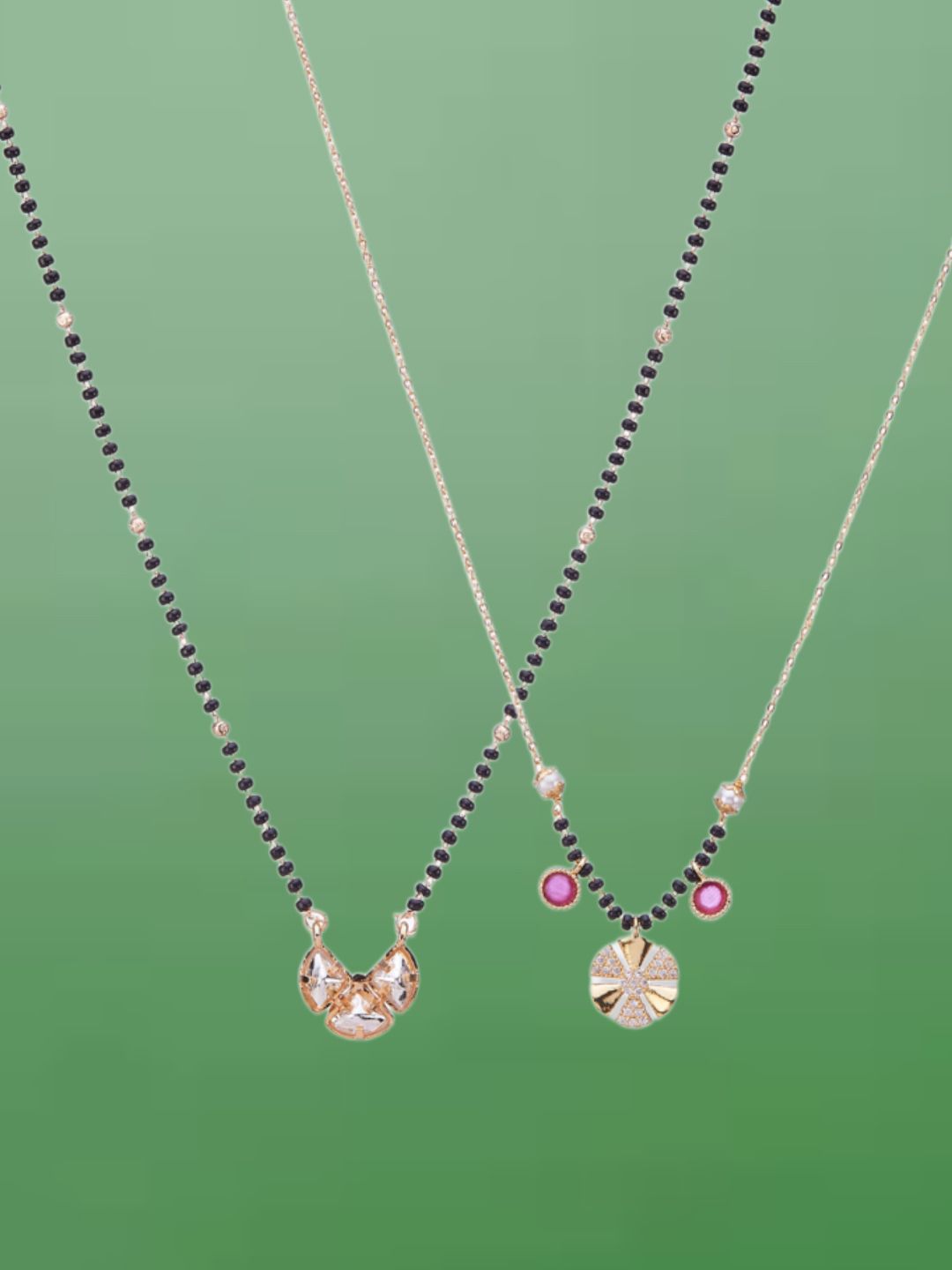 ATIBELLE Set of 2 Rose Gold & Gold-Plated Cubic Zirconia Studded & Beaded Mangalsutras