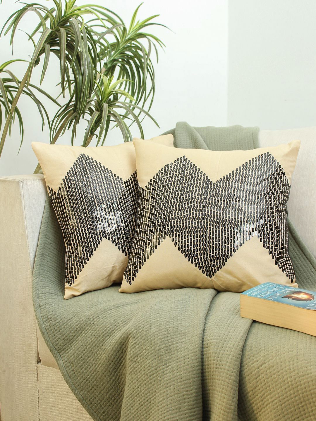 HOMPRIN 2 Pieces Cream Geometric PrintedSquare Cushion Cover-picture-13