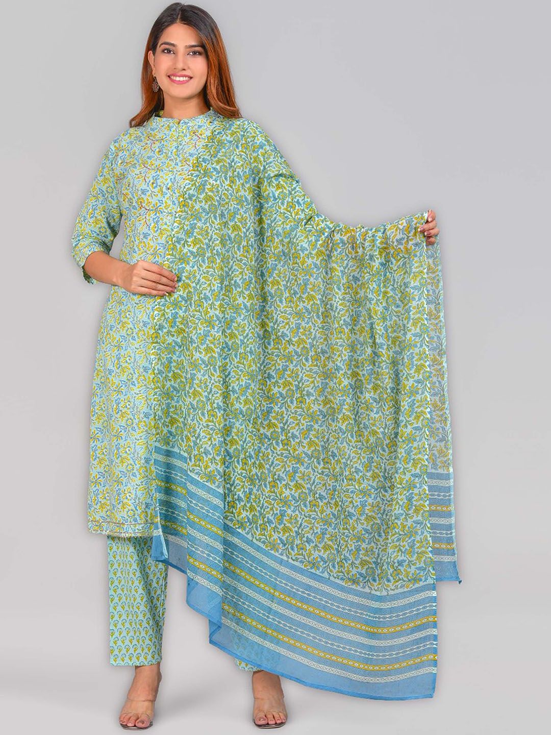 IKRASS Floral Printed Mandarin Collar Pure Cotton Kurta With Trousers And Dupatta