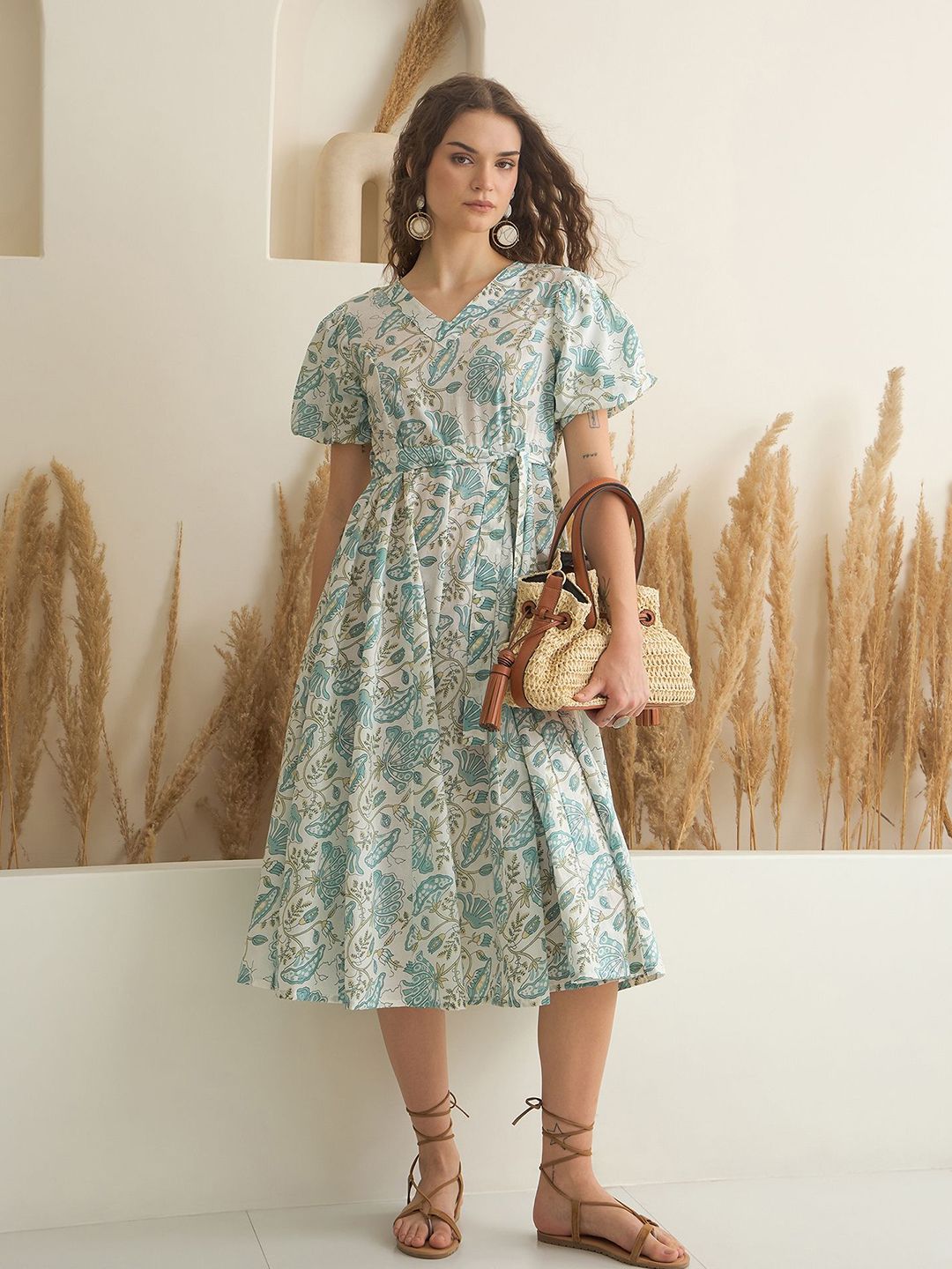 SANSKRUTIHOMES Women Floral Printed Tie-Ups A-Line Midi Dress-picture-19