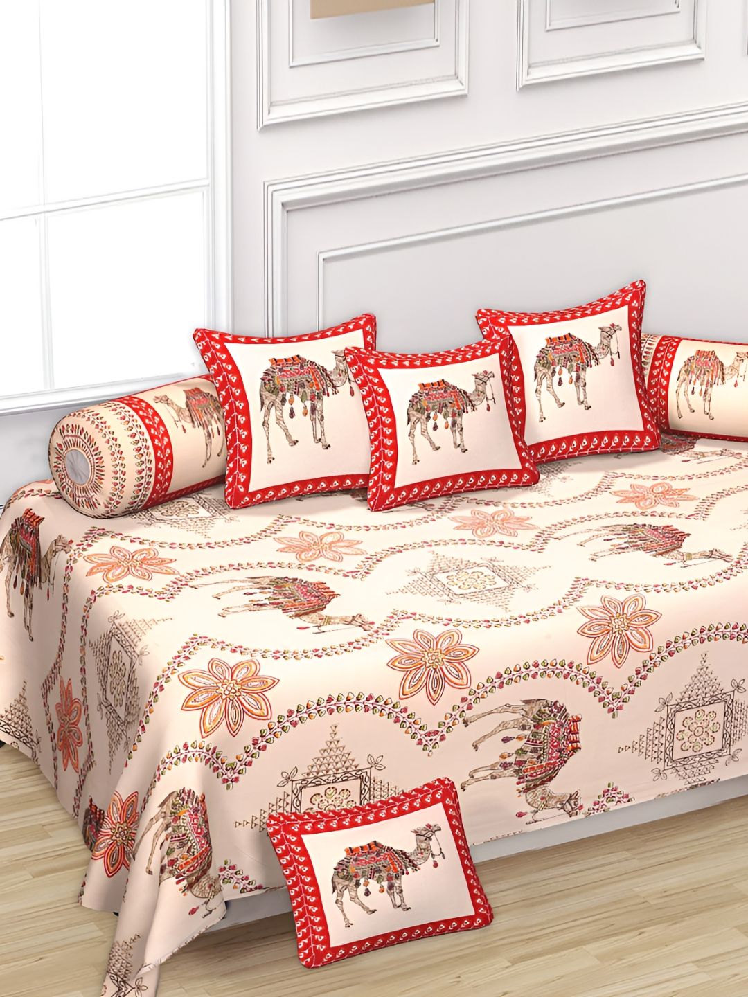Texstylers 8-Pcs Red & Beige Printed Pure CottonDiwanSet-picture-27