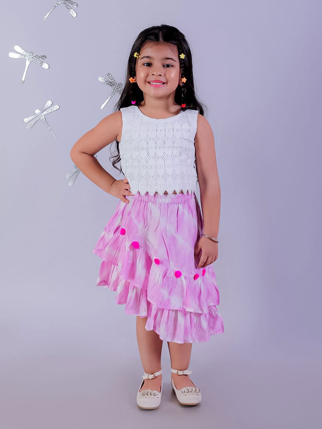 LIL DRAMA Girls Self Design Round Neck Pure Cotton Top With Skirt-picture-27