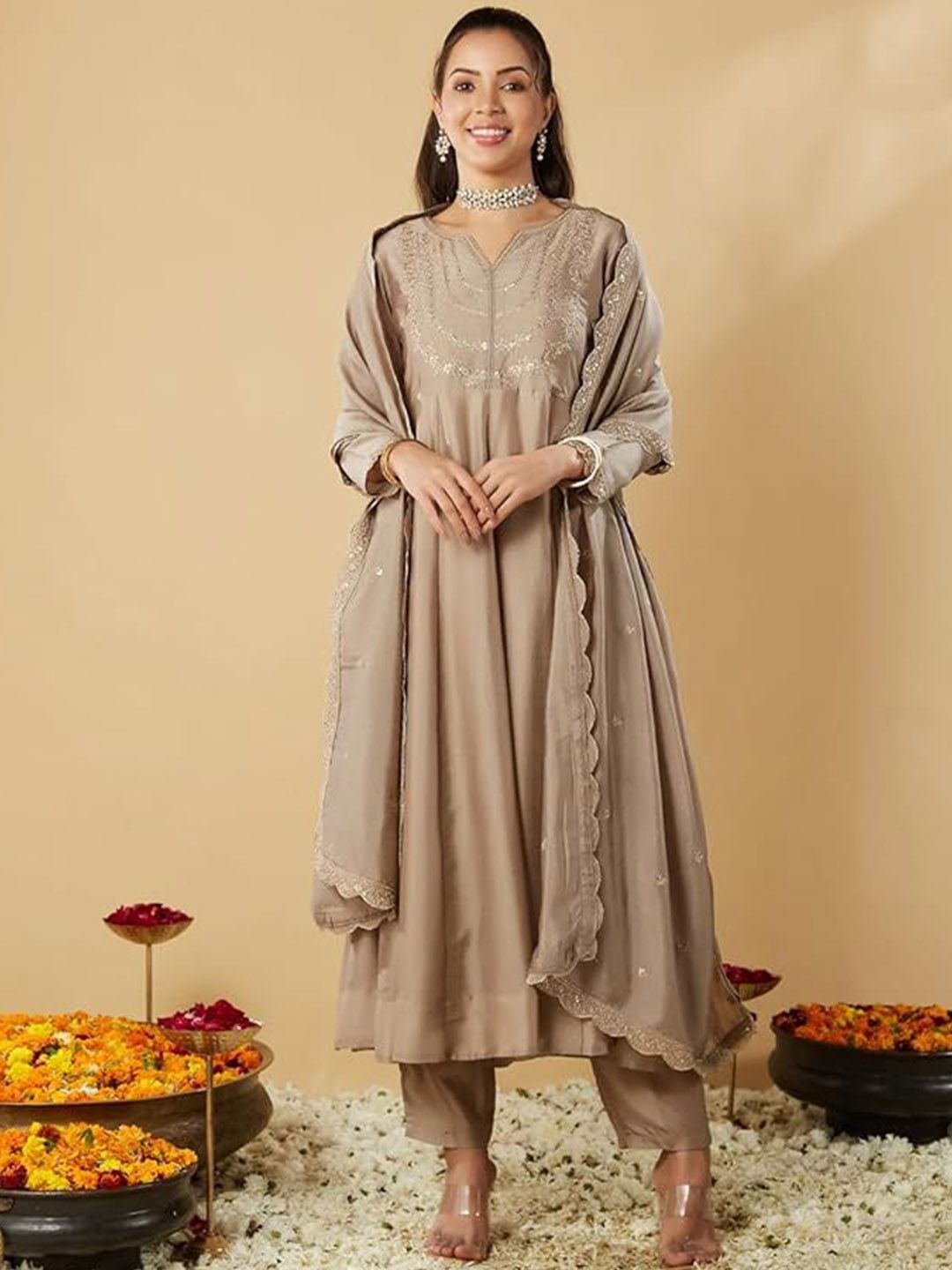 KALINI Women Woven Design Embroidered Kurta with Trousers & Dupatta