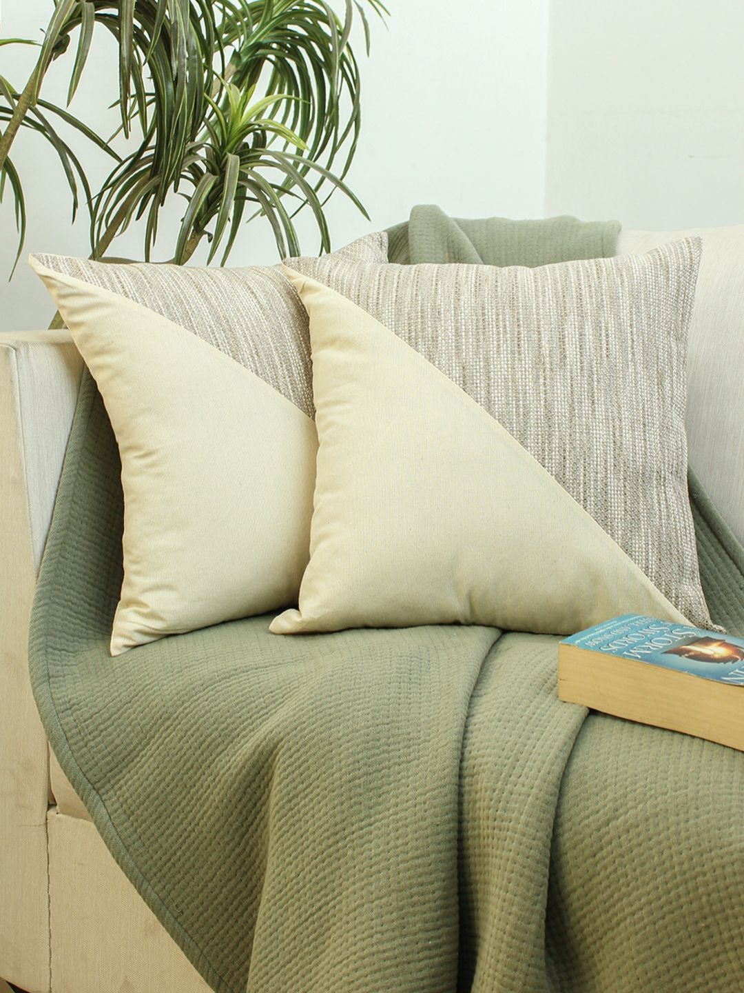 HOMPRIN 2 Pieces Grey & Cream Geometric Square Cushion Covers-picture-33