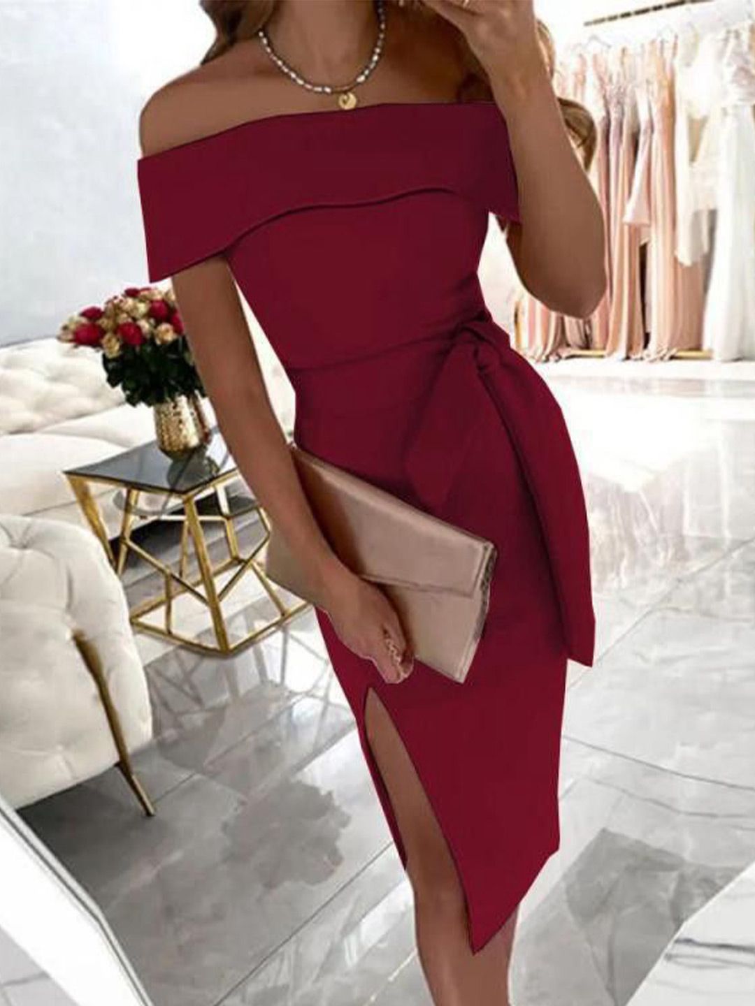bebe Off-Shoulder Sheath Midi Dress-picture-15