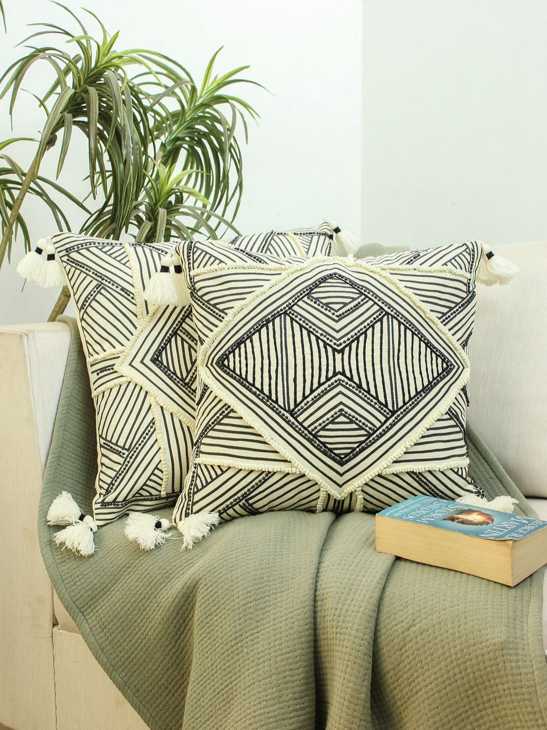 HOMPRIN 2 Pieces Cream And Black Geometric Printed Square Cotton Cushion Covers-picture-22