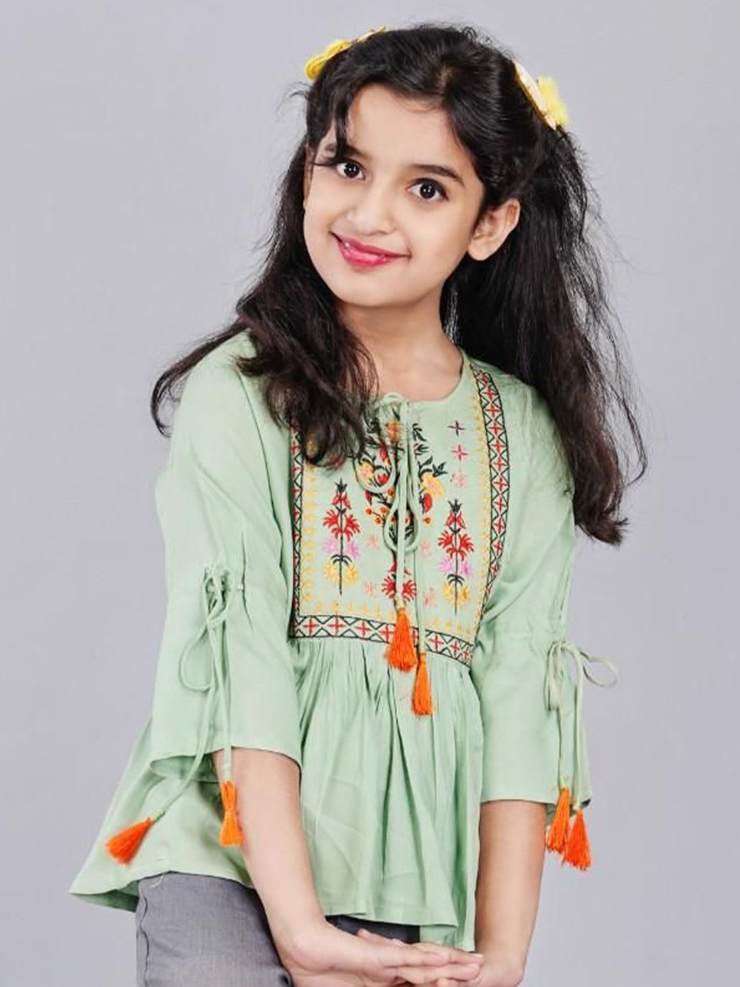 dmp fashion DMP FASHIONGirl Floral Embellished Tie-Up Neck Bell Sleeve Top-picture-27