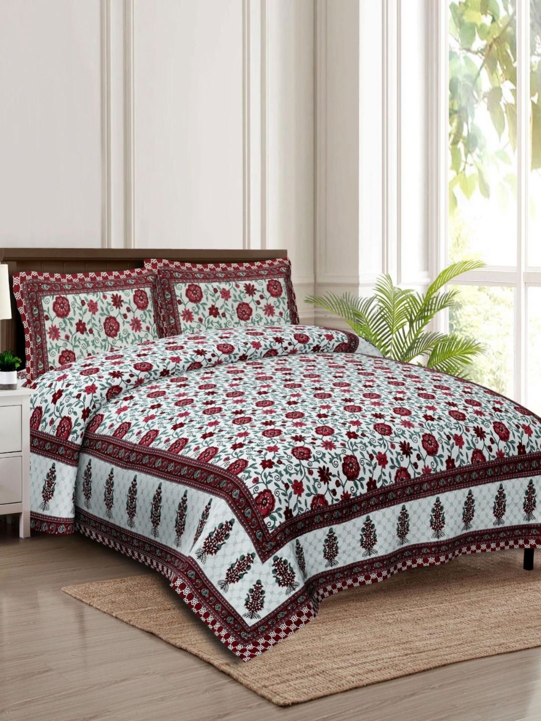 Rudra Bazaar White & Brown Ethnic Motifs 210 TC Cotton King Bedsheet Set 2.75 m x 2.30 m-picture-40