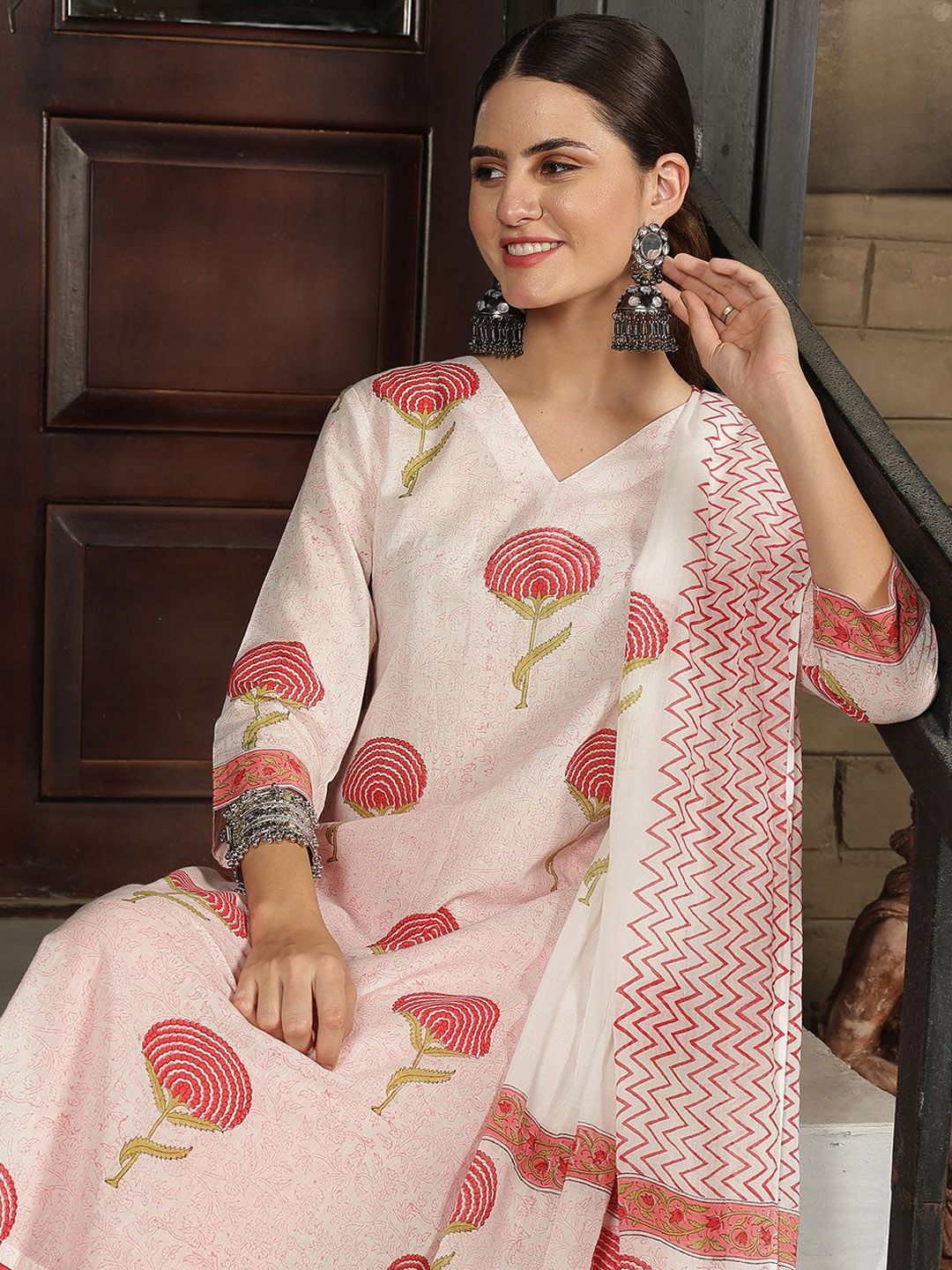 Taavi Women Floral Hand Block Print Cotton Straight Kurta with Trousers & Dupatta