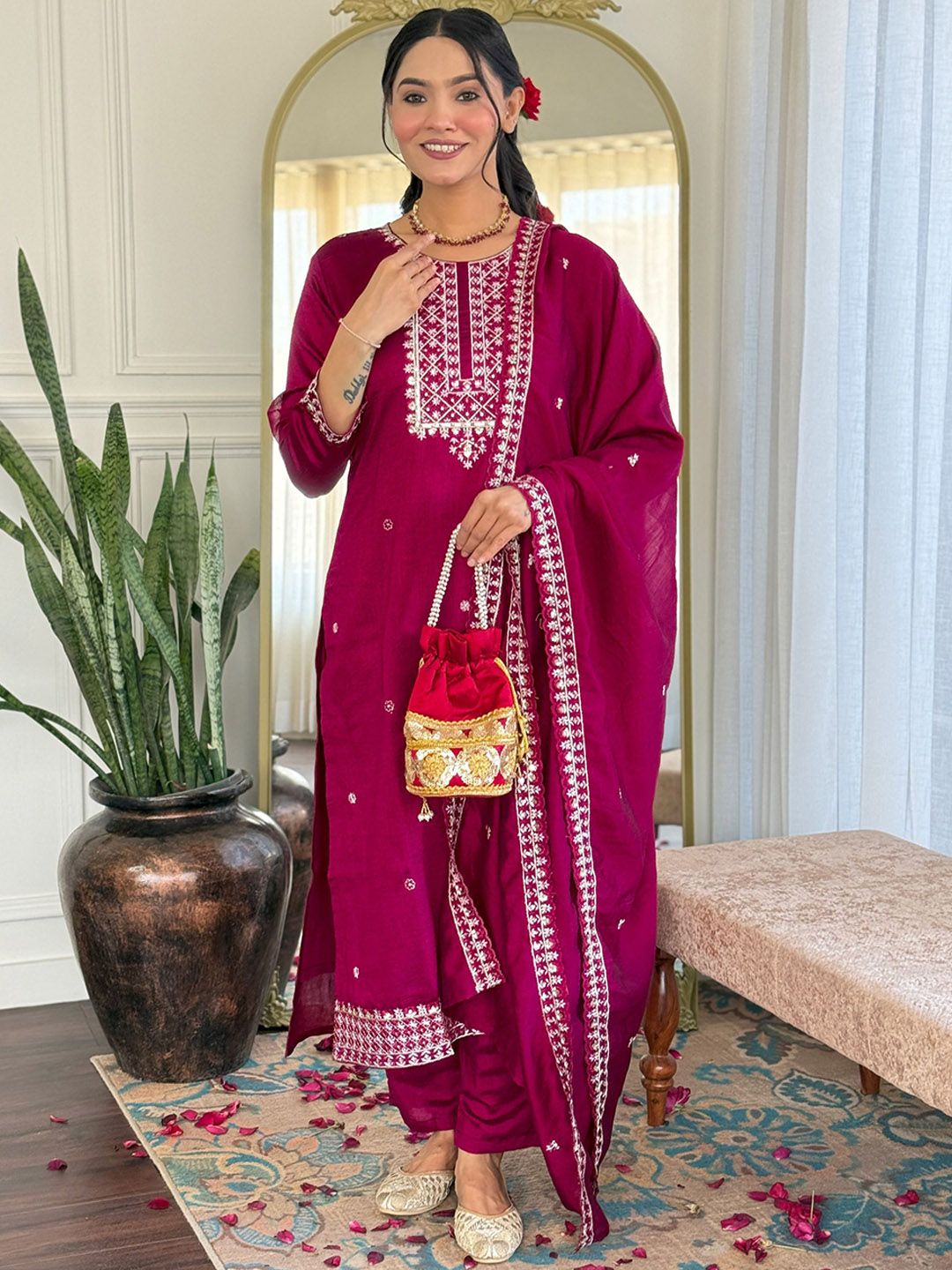 KALINI Floral Embroidered Thread Work Art Silk Straight Kurta With Trousers And Dupatta