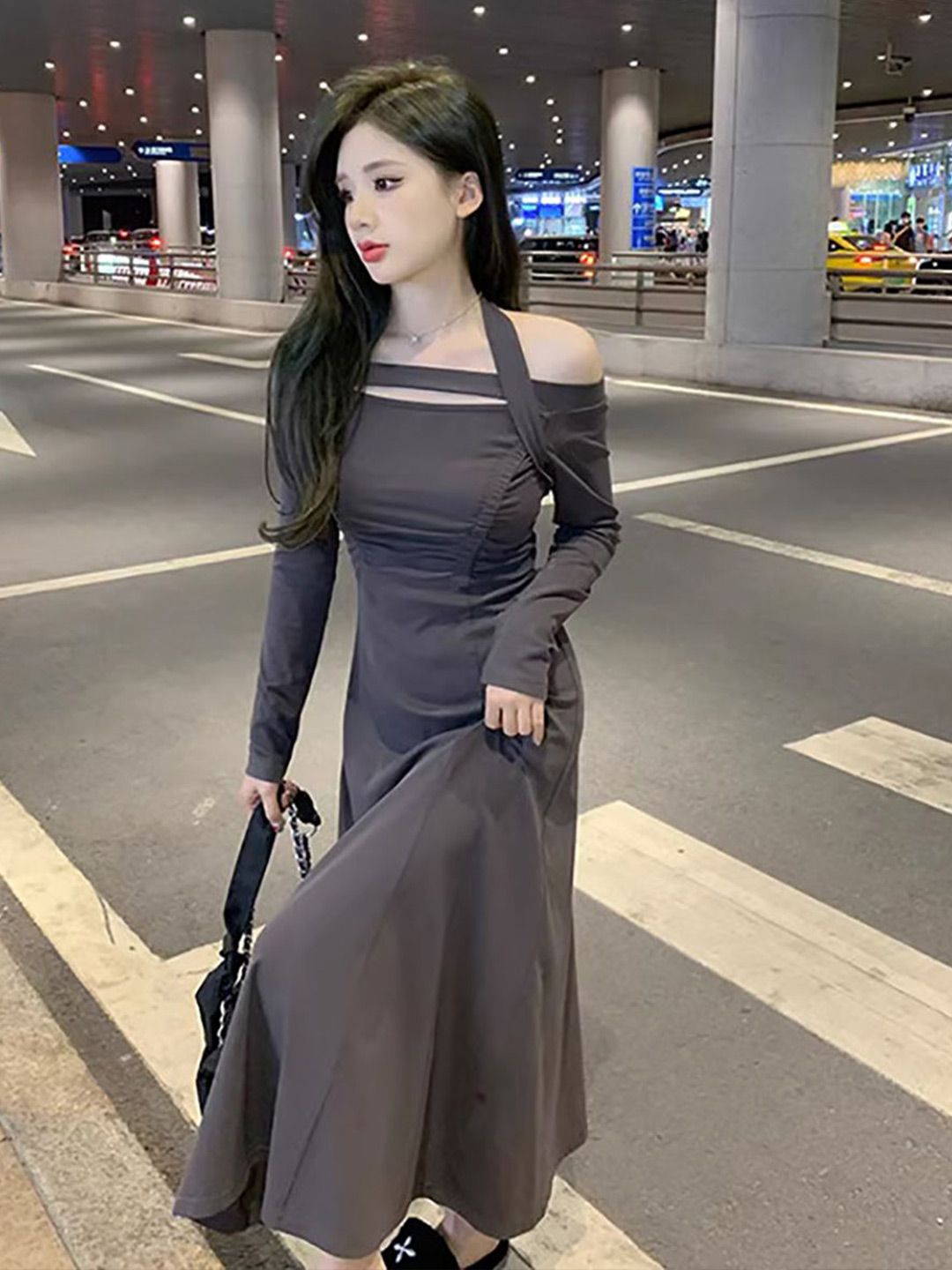 StyleCast x Revolte Halter Neck Long Sleeves A-Line Midi Dress