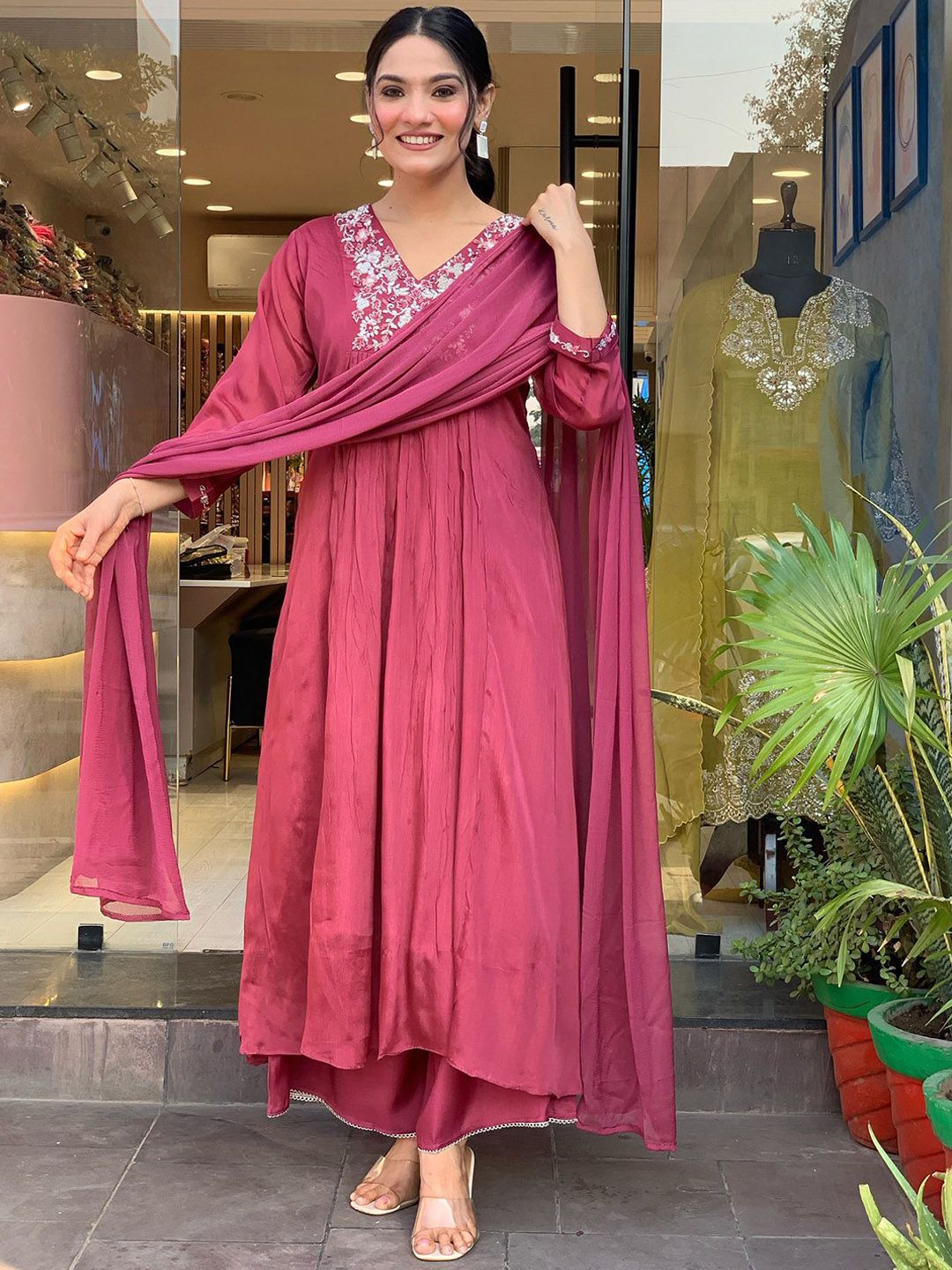 KALINI Women Solid Embroidered A-Line Pleated Kurta with Palazzo & Dupatta