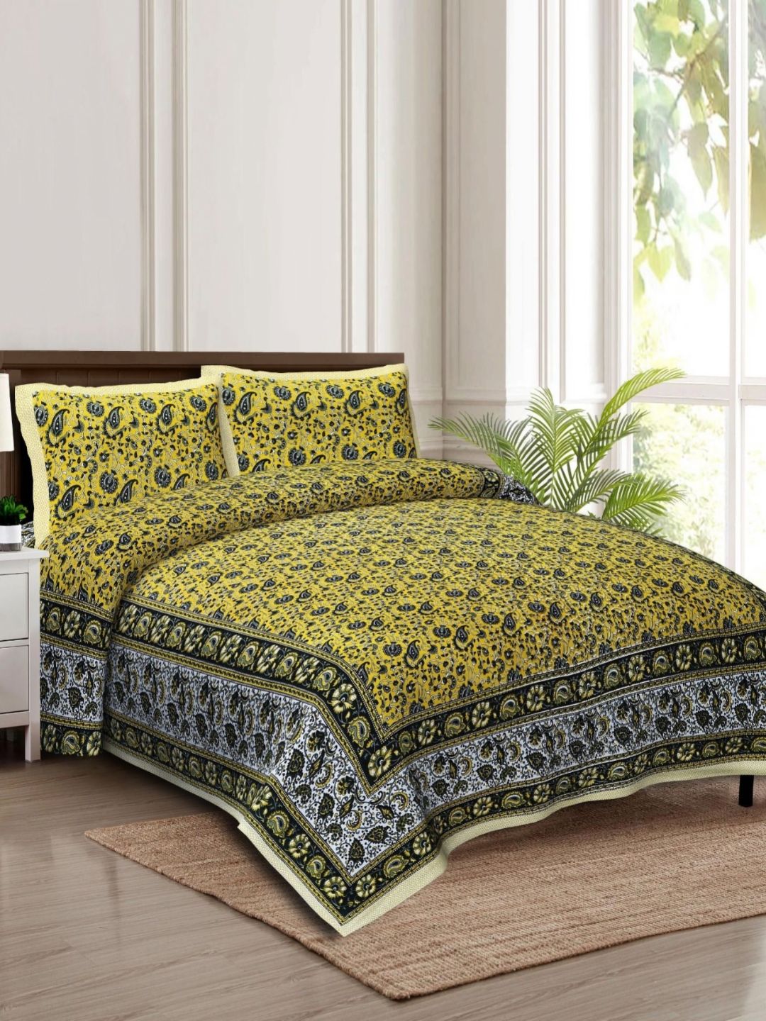 Rudra Bazaar Green & White Ethnic Motifs 210 TC Cotton King Bedsheet Set 2.75 m x 2.30 m-picture-27
