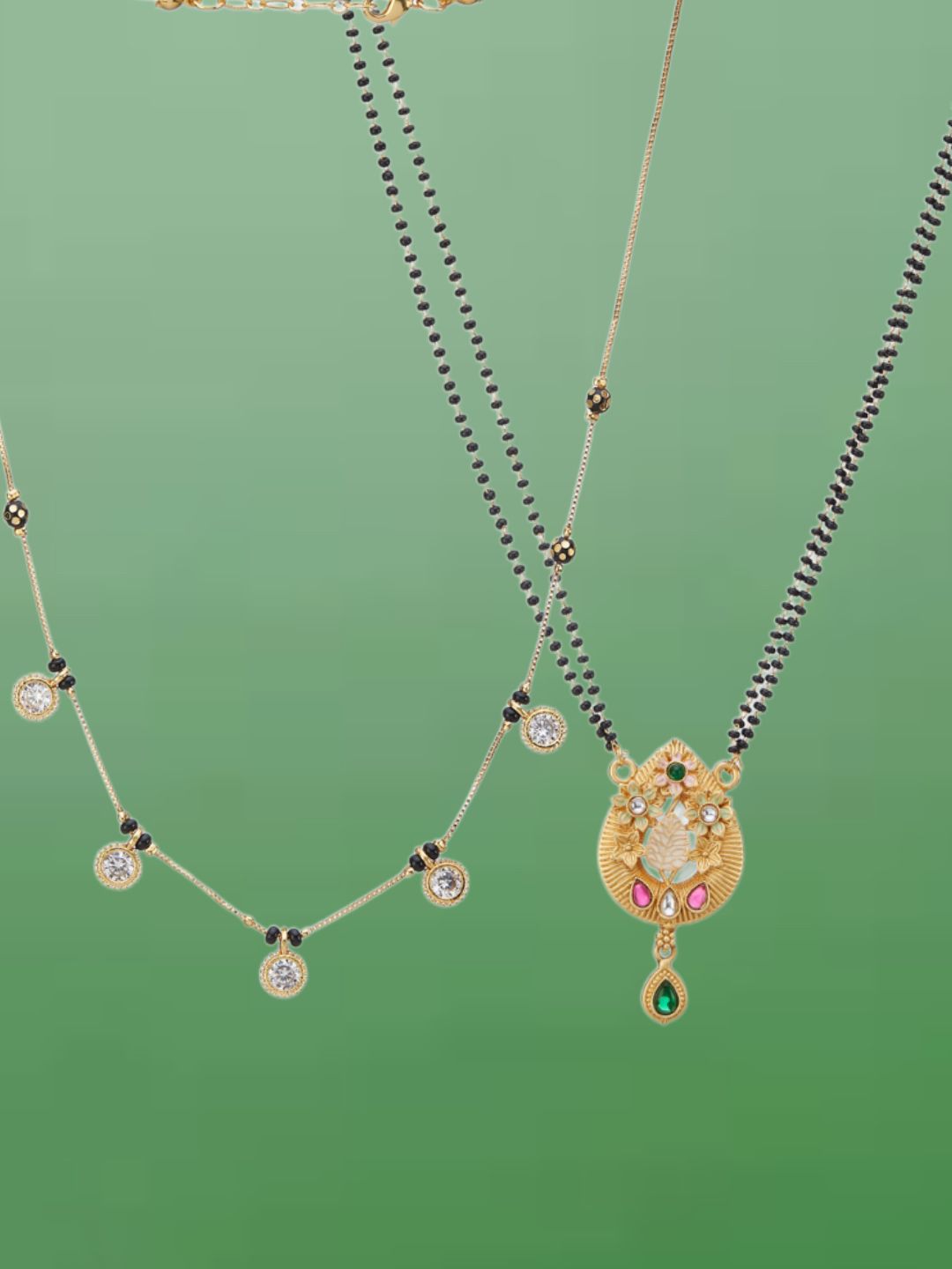 ATIBELLE Set of 2 Gold-Plated Cubic Zirconia Stone Studded & Beaded Mangalsutras