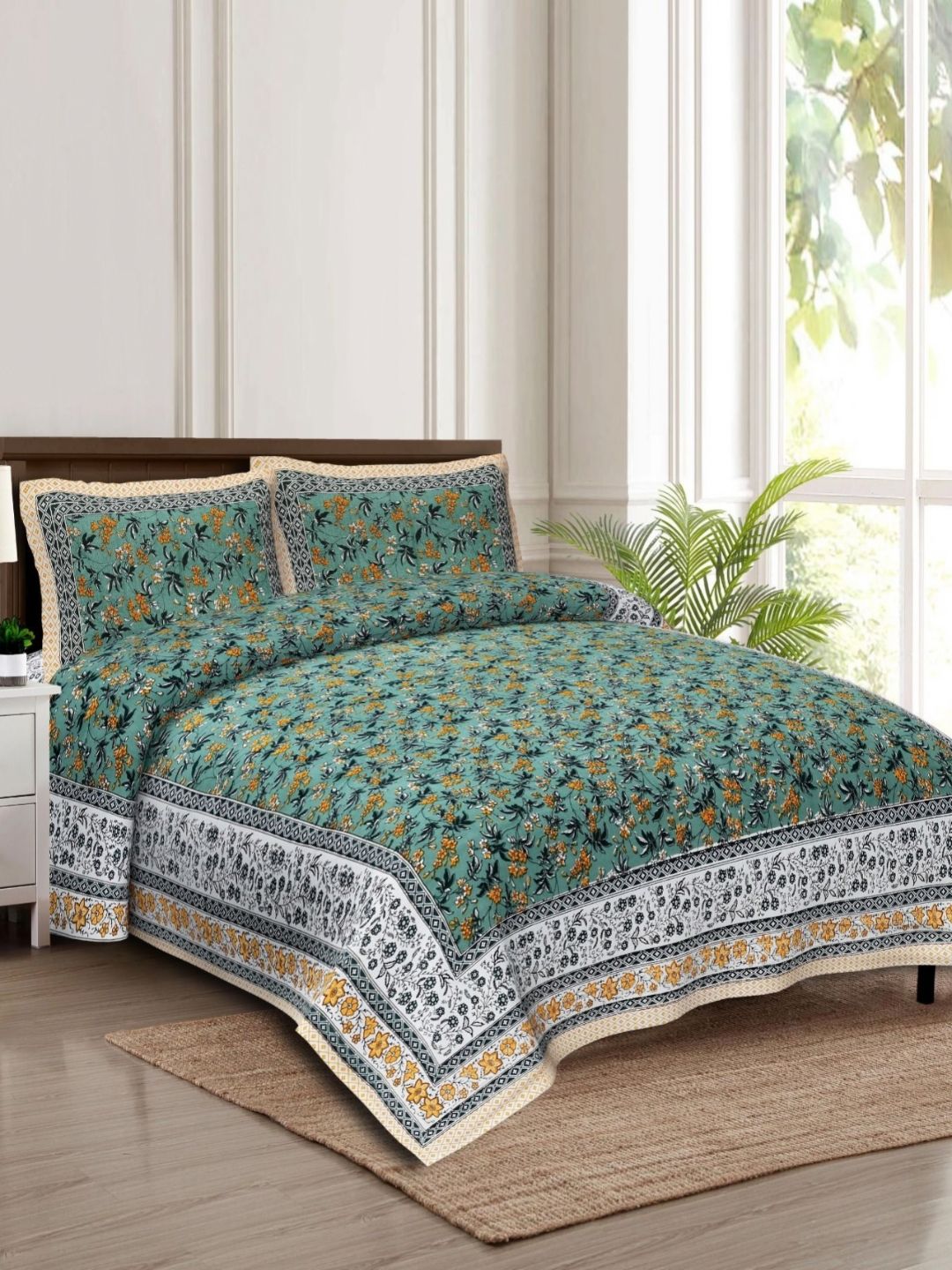 Rudra Bazaar Green & White Ethnic Motifs 210 TC Cotton King Bedsheet Set 2.75 m x 2.30 m-picture-18