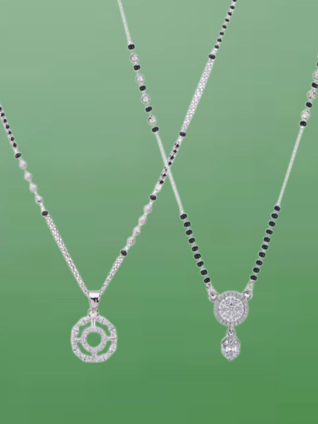 ATIBELLE Set of 2 Silver-Plated Cubic Zirconia Studded & Beaded Mangalsutras