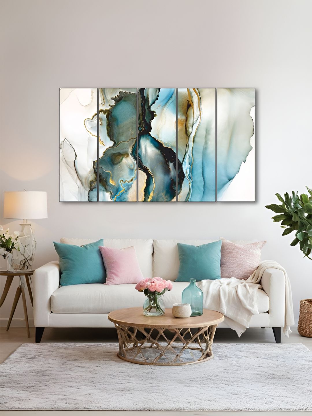 The Castle Decor Blue & White 5 Pieces Abstract Wooden Wall Arts-picture-37