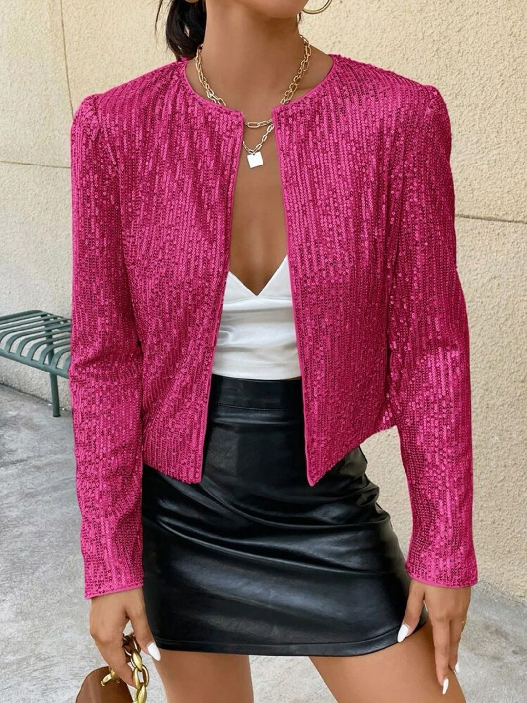 StyleCast Magenta Self Design Sequined Reflective Strip Tailored Jacket