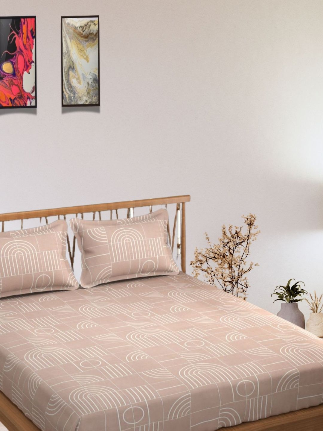 Aura Beige & Off White Geometric Printed 250 TC Cotton King Bedsheet Set 2.60 m x 2.60 m-picture-32