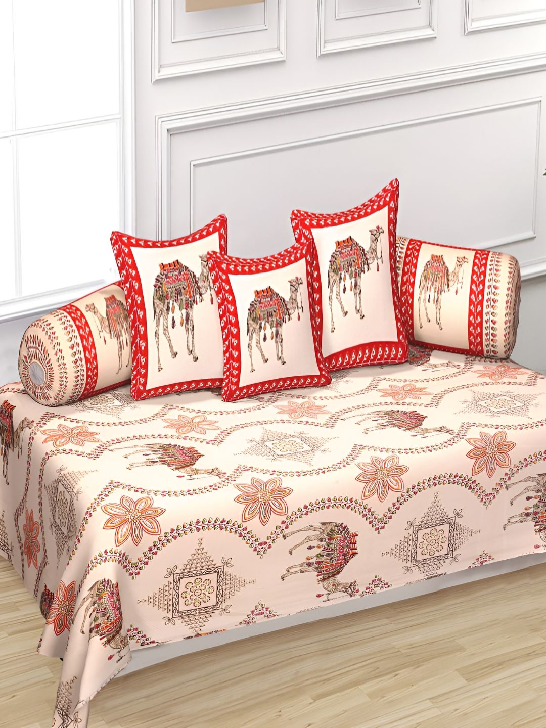 Texstylers 6-Pcs Red & Beige Printed Pure CottonDiwanSet-picture-24