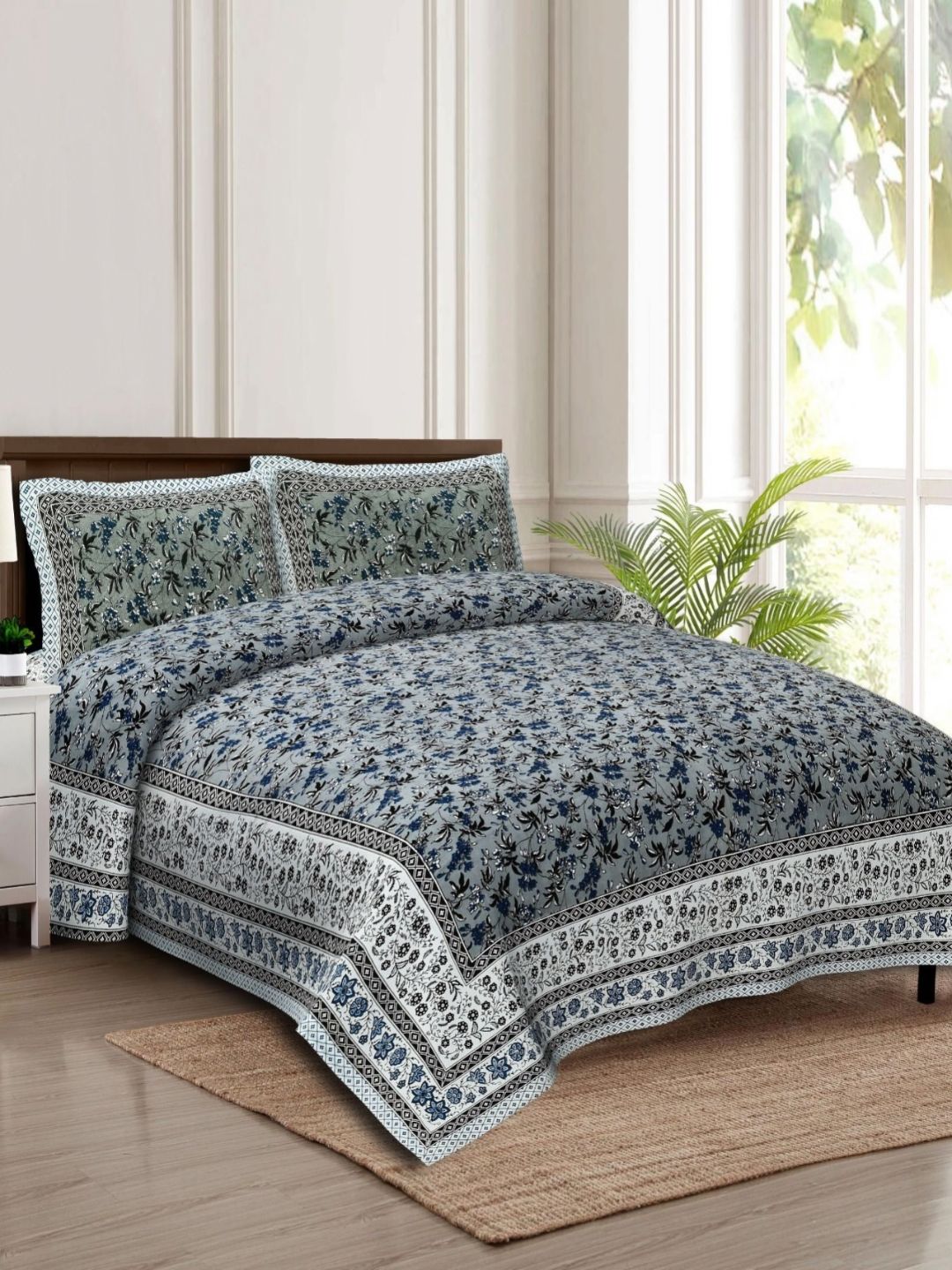 Rudra Bazaar White & Grey Ethnic Motifs 210 TC Cotton King Bedsheet Set 2.75 m x 2.30 m-picture-21