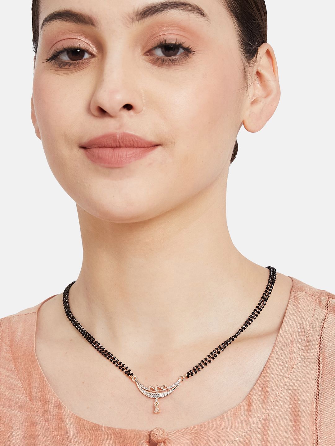 ATIBELLE Set Of 2 Rose Gold-Plated Artificial Stones and Beads Mangalsutra