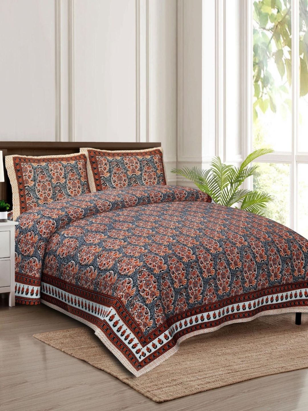 Rudra Bazaar Grey & Orange Ethnic Motifs 210 TC Cotton King Bedsheet Set 2.75 m x 2.30 m-picture-13