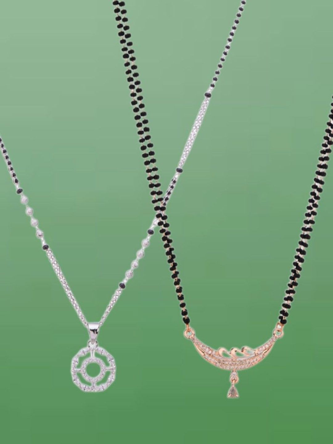 ATIBELLE Set Of 2 Silver-Plated Cubic Zirconia Studded Mangalsutras