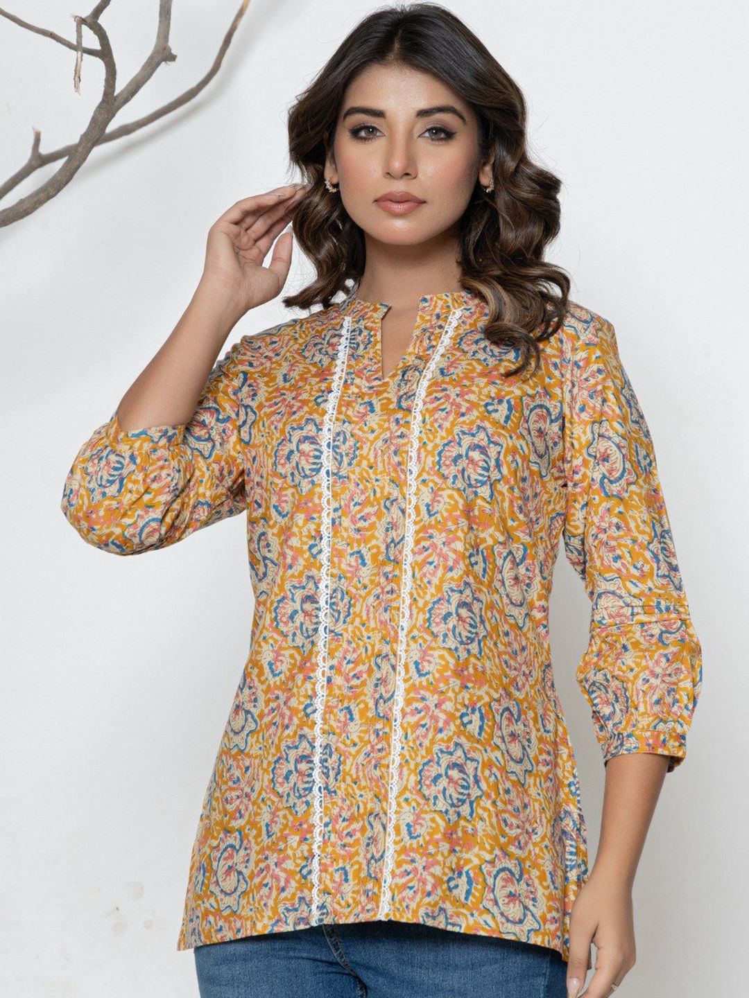 VEDANA Women Floral Print Mandarin Collar Cotton Top-picture-15