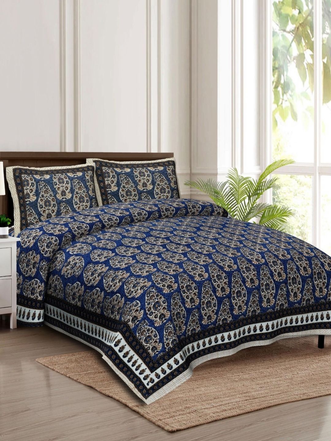 Rudra Bazaar Blue & White Printed 210 TC King Cotton Bedsheet Set 2.75 m x 2.30 m-picture-12