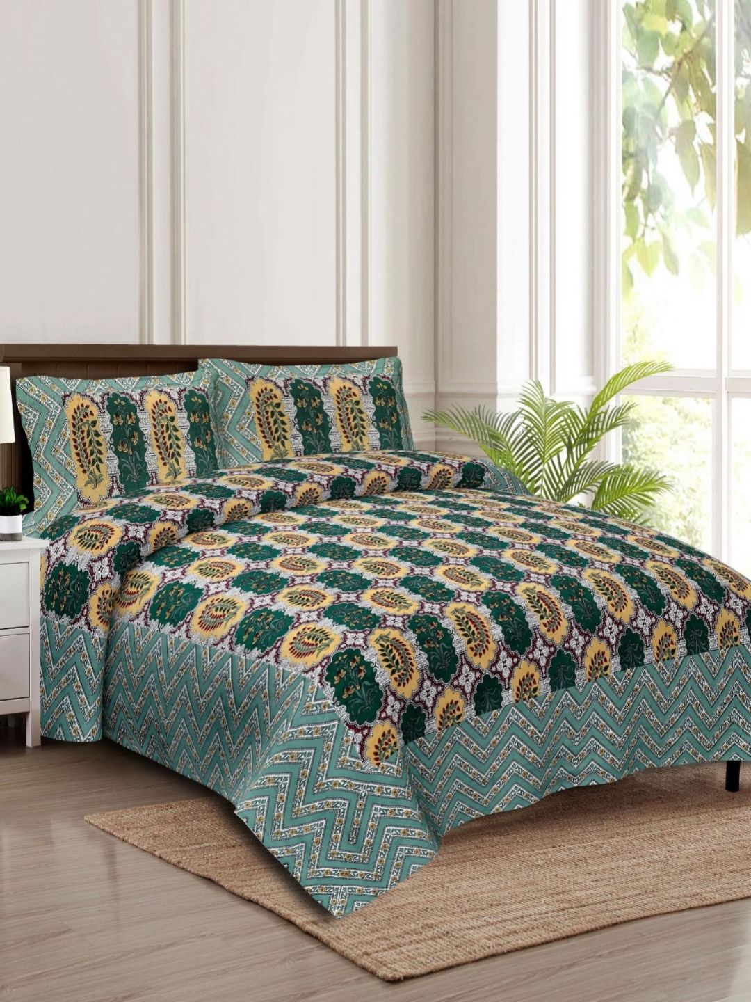 Rudra Bazaar Green & Yellow Ethnic Motifs 210 TC Cotton King Bedsheet Set 2.75 m x 2.30 m-picture-33