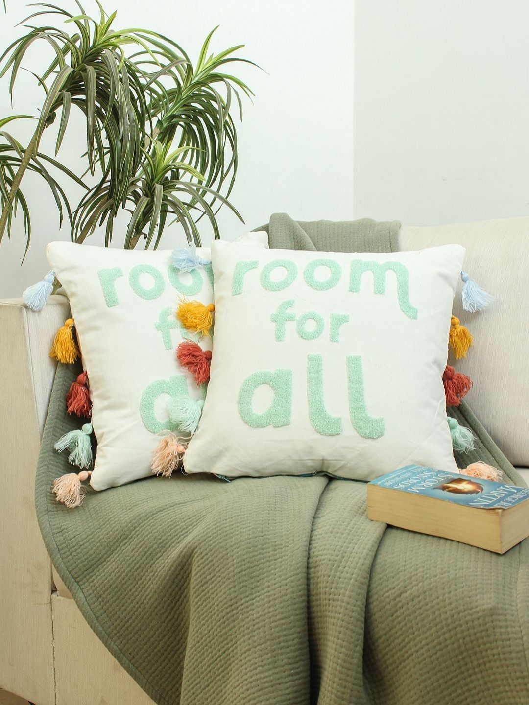 HOMPRIN White & Blue Set of 2 Square Cushion Covers-picture-39