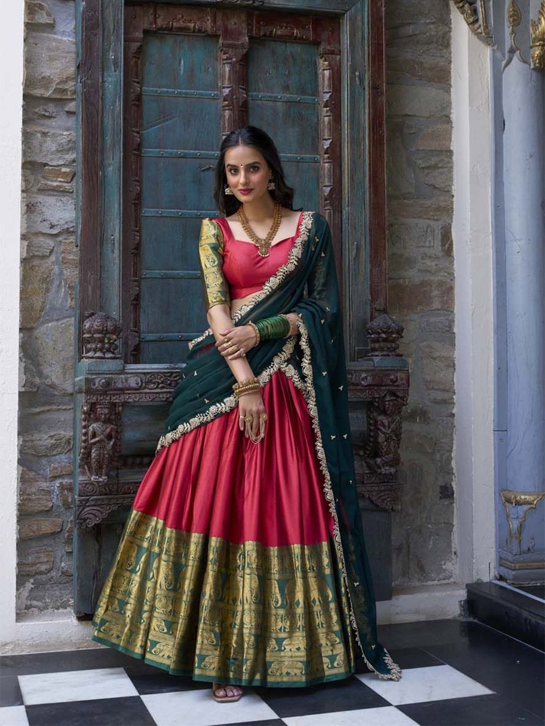 LOOKNBOOK ART Ethnic Woven Design Ready to Wear Lehenga & Unstitched Blouse With Dupatta