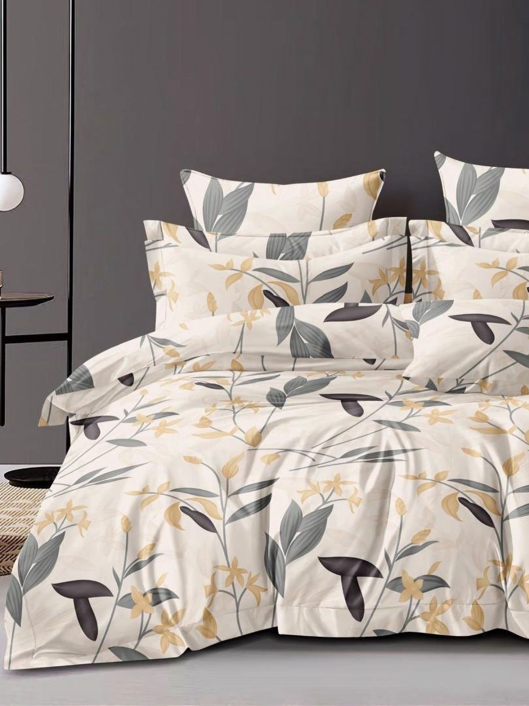 Aura Beige & Black Floral Printed Cotton 300 TC Queen Bedsheet Set 2.25 m x 2.50 m-image-22