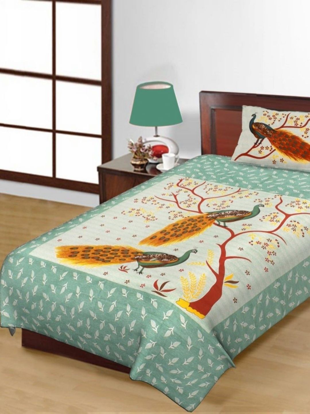 Salgia Green & Yellow Ethnic Motifs Printed 144 TC Single Bedsheet Sets- 2.25 m x 1.45 m-picture-45